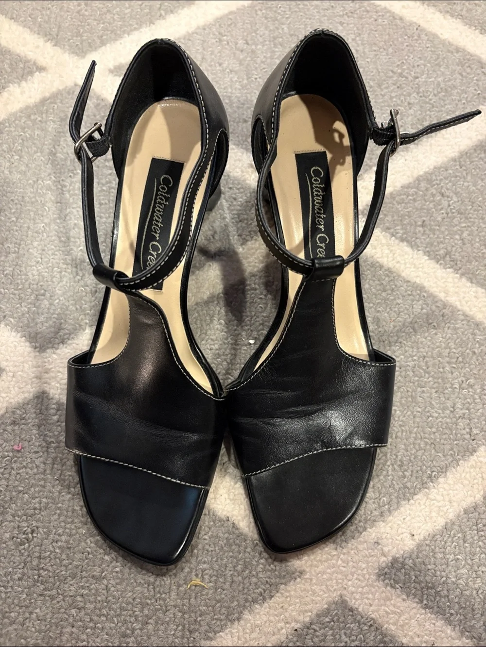 Coldwater Creek Black Leather T-Strap Open-Toe Heels